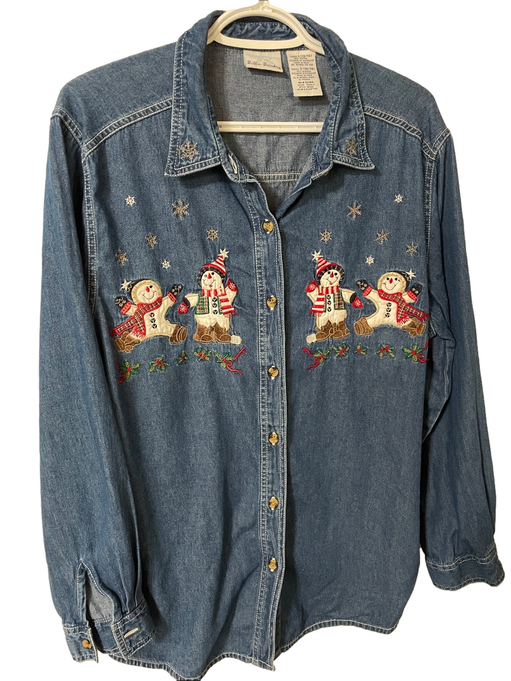 Vintage Bobbie Brooks Denim Blue Embroidered Snowman Button-Down Shirt Size L